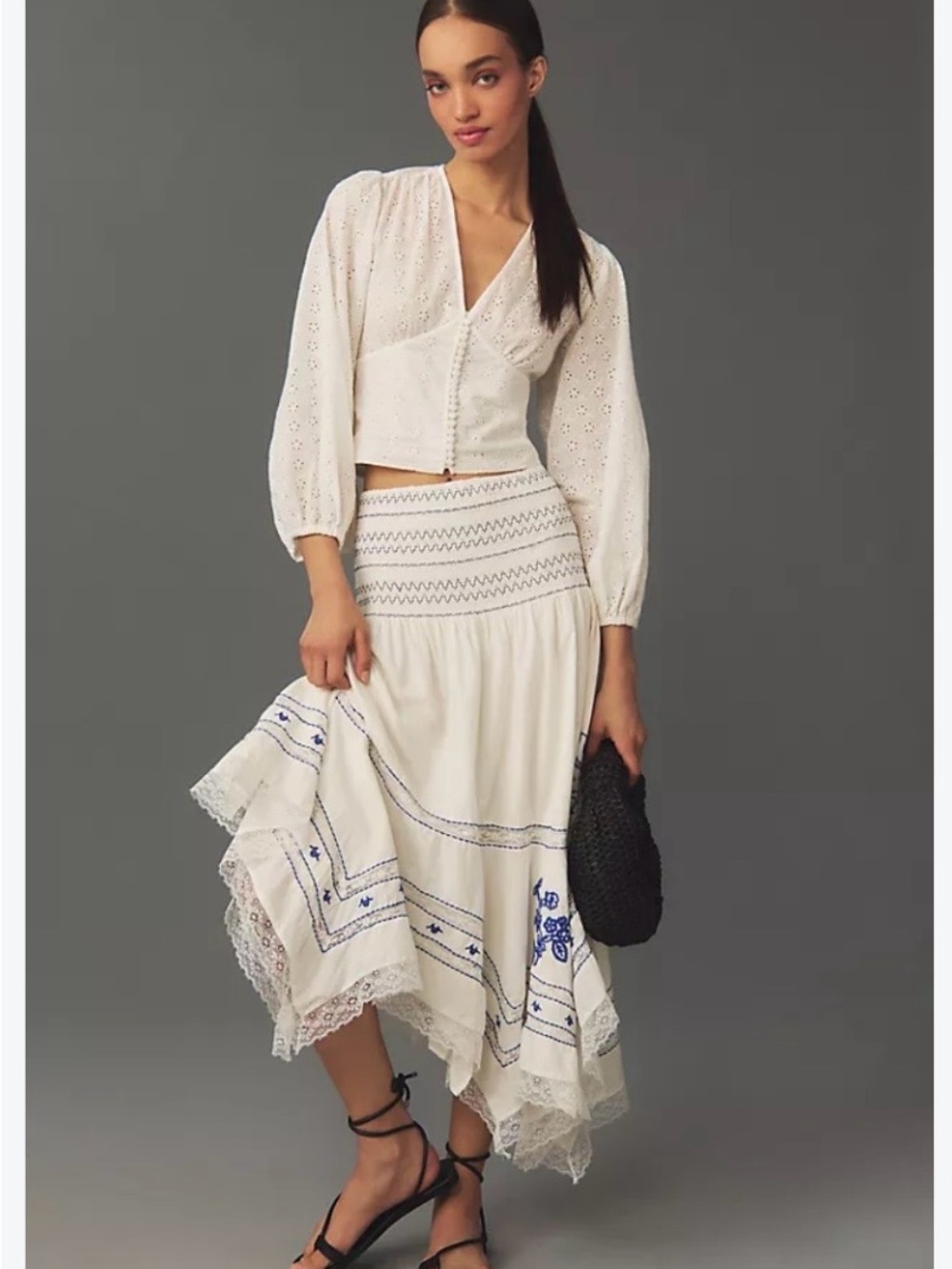 By Anthropologie Smocked Embroidered Asymmetrical Skirt size M